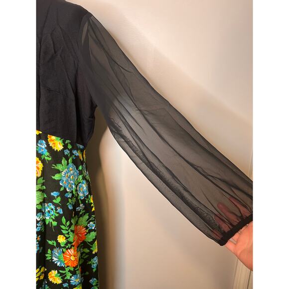 1970s JCPenney Fashions Sheer Black Rainbow Floral Dark Romantic Maxi Dress L - Picture 6 of 11